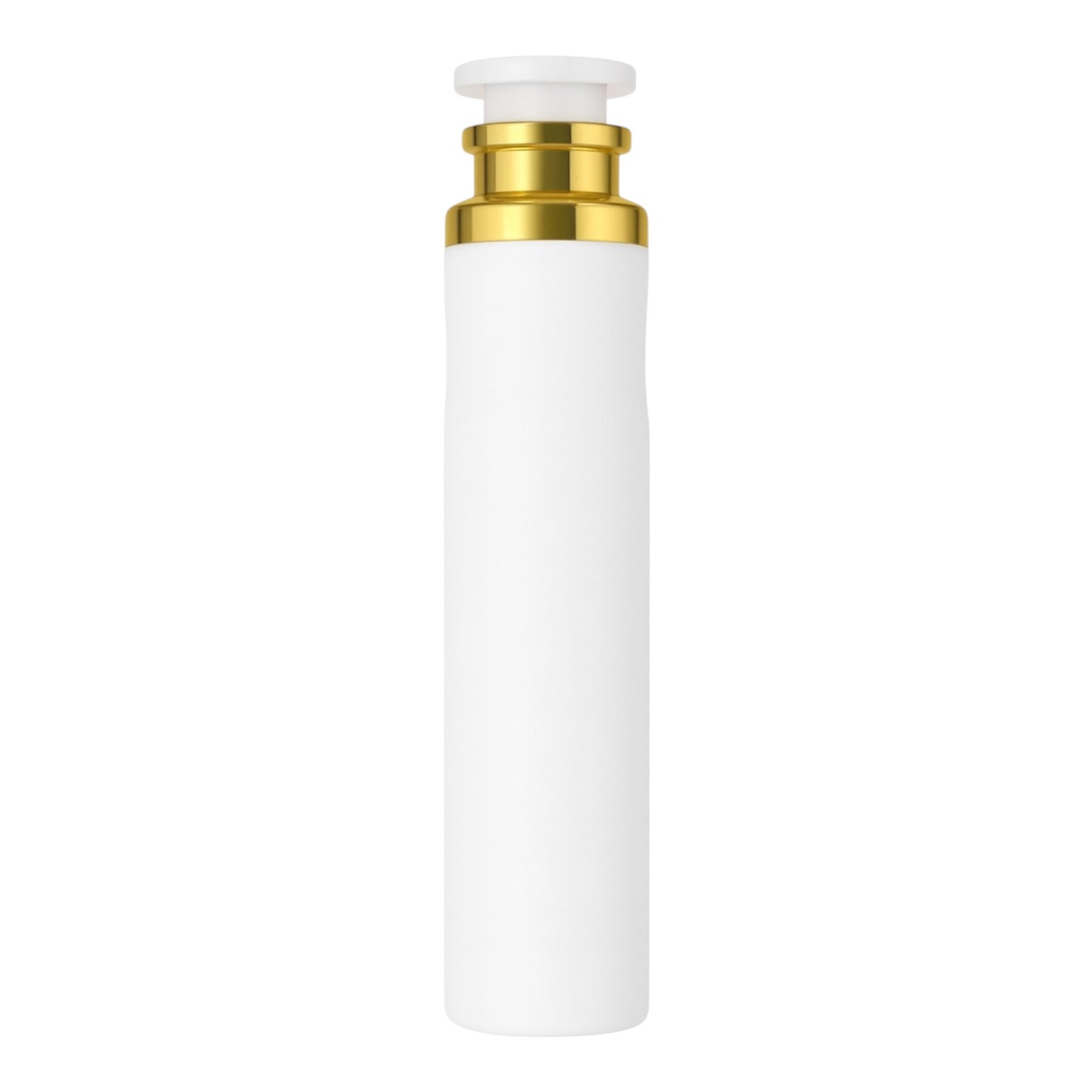 White cylindrical container with gold cap on a white background