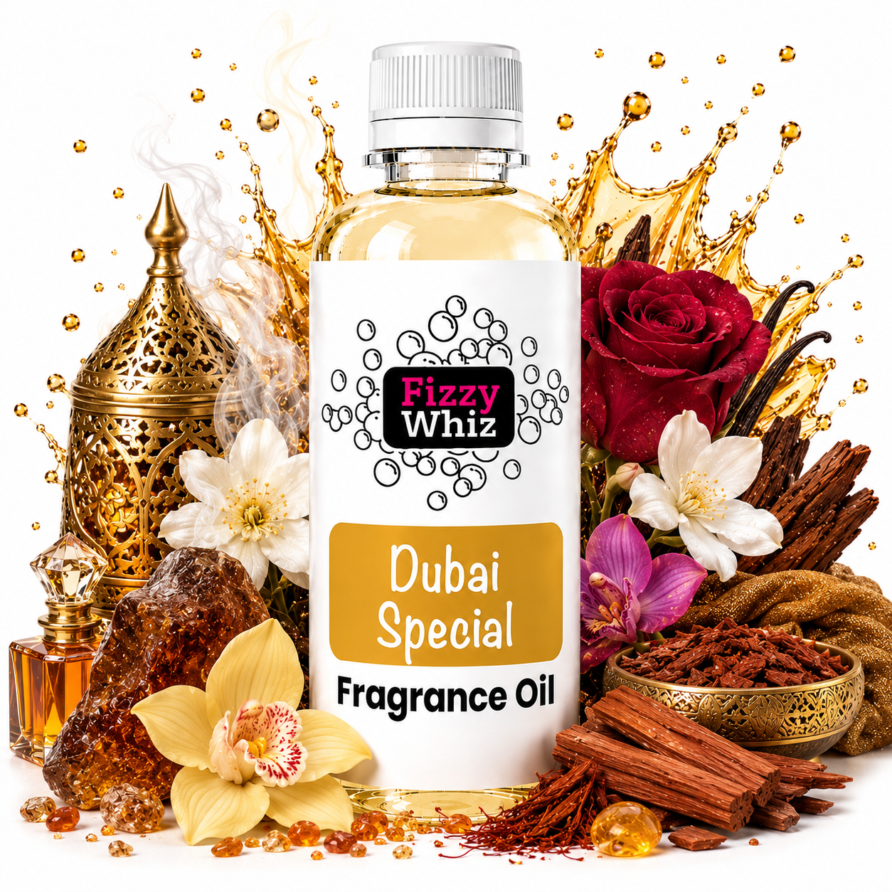 A bottle of Fizzy Whiz Dubai Special Fragrance Oil centered against a white background, surrounded by decorative props including a gold incense burner, red rose, white orchid, cinnamon sticks, amber pieces, and golden liquid splashes. The bottle label reads 'Fizzy Whiz' and 'Dubai Special Fragrance Oil'.