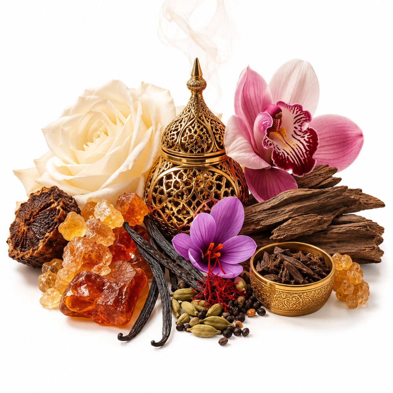 An ornate gold incense burner surrounded by natural ingredients including a white rose, pink orchid, purple flower, vanilla beans, cardamom pods, cinnamon bark, dried fruits, and amber crystals on a white background.