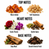 A fragrance notes graphic on a white background with six ingredient-style photos and text labels: Warm Amber, Soft Sweetness, Exotic Florals, Gentle Spice, Deep Musk, and Smooth Oriental Finish. The top section reads TOP NOTES, the middle reads HEART NOTES, and the bottom reads BASE NOTES.