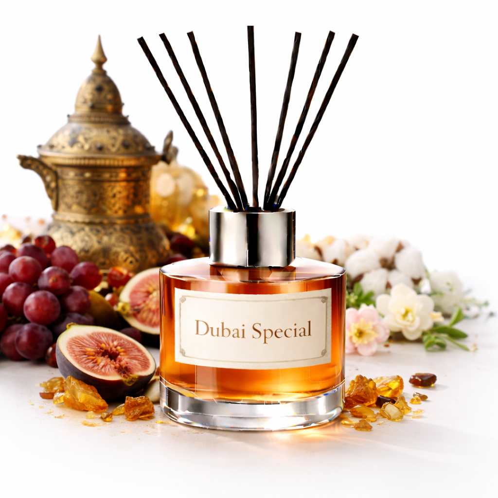 Reed diffuser labeled 'Dubai Special' with fruits and flowers on a white background