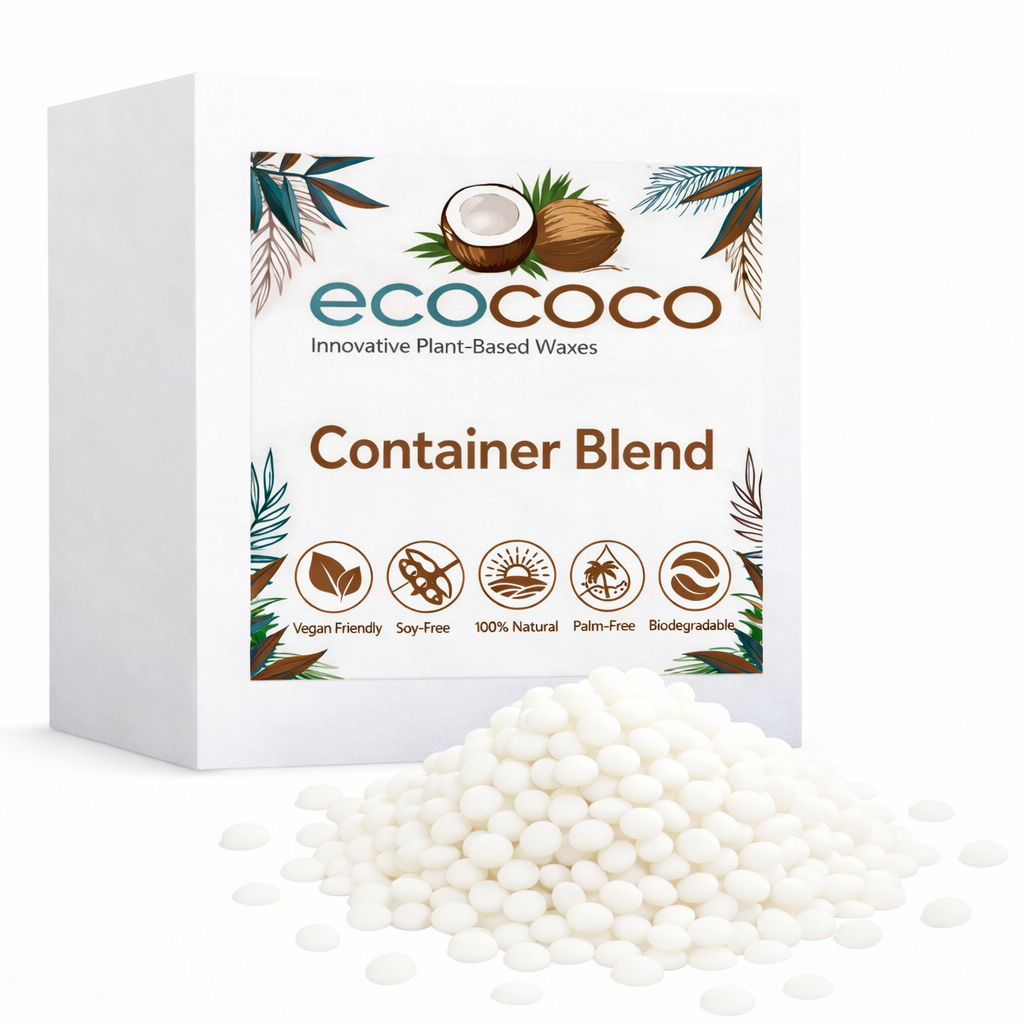 ecococo container blend packaging with white wax pellets on a white background