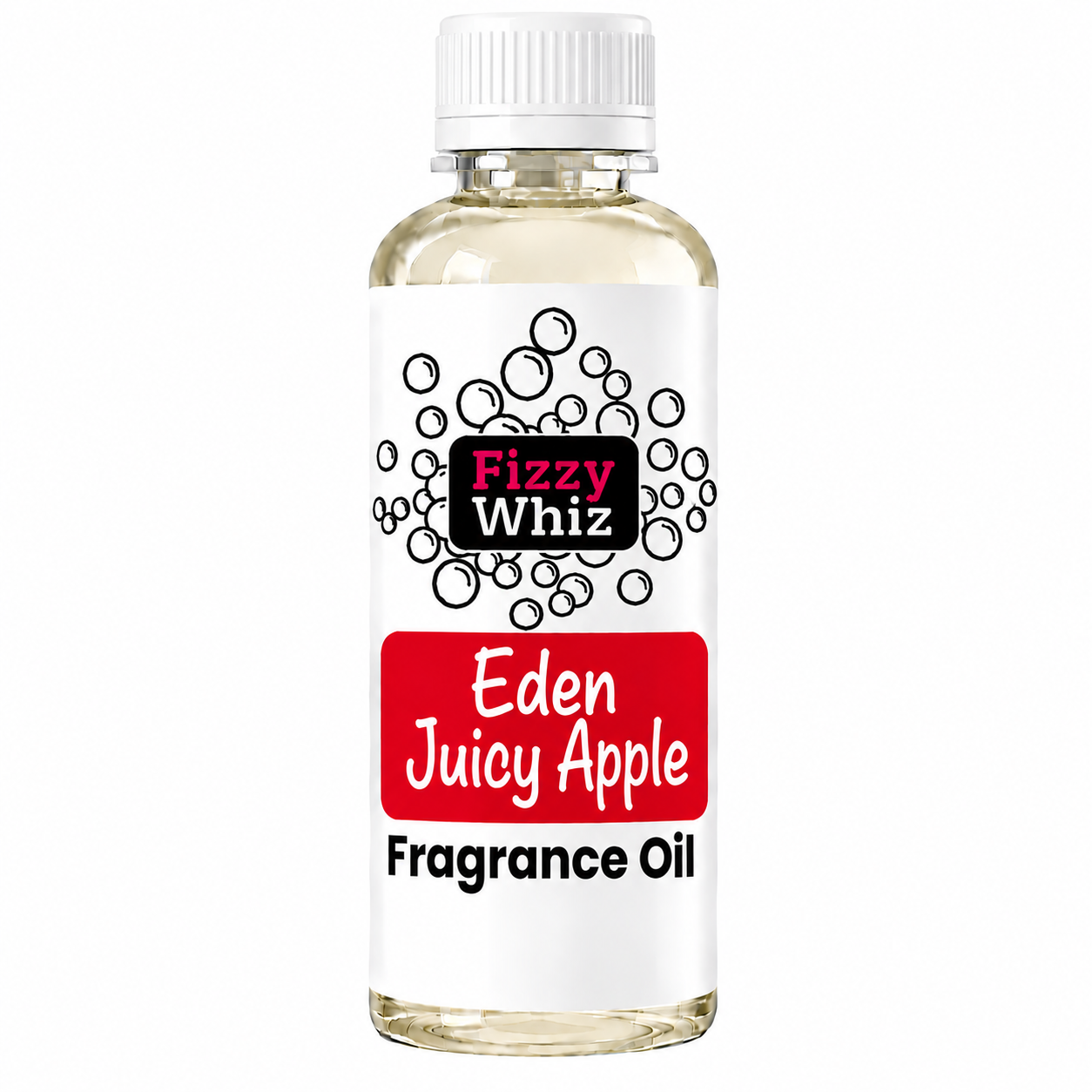A bottle of Fizzy Whiz Eden Juicy Apple Fragrance Oil, featuring a white cap, clear bottle showing the liquid inside, and a white label with red and black text.