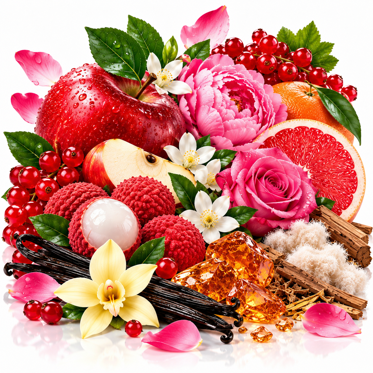 A vibrant still life arrangement of colorful ingredients, including a red apple, pink peony and rose, red grapes, raspberries, vanilla beans, amber honey, cinnamon sticks, and white blossoms, set against a clean white background.