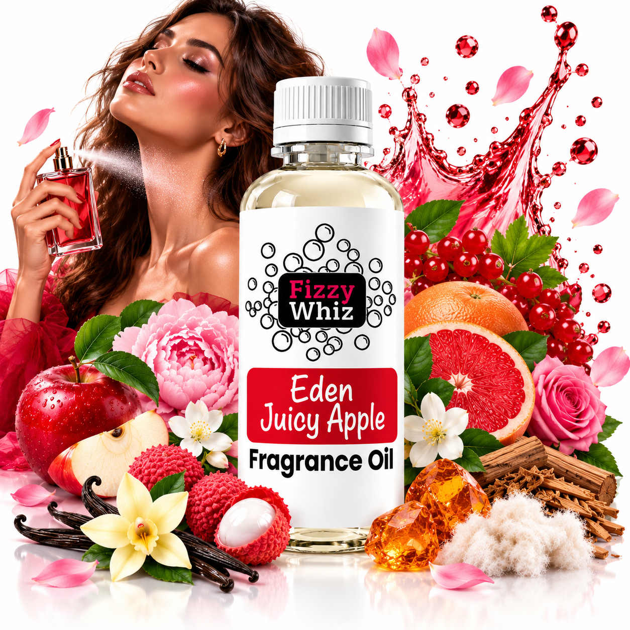 A bottle of Fizzy Whiz Eden Juicy Apple Fragrance Oil centered in a styled studio composition with a woman holding a perfume spray in the background, surrounded by red apples, pink flowers, grapefruit, berries, vanilla beans, amber crystals, and a red liquid splash on a white background.