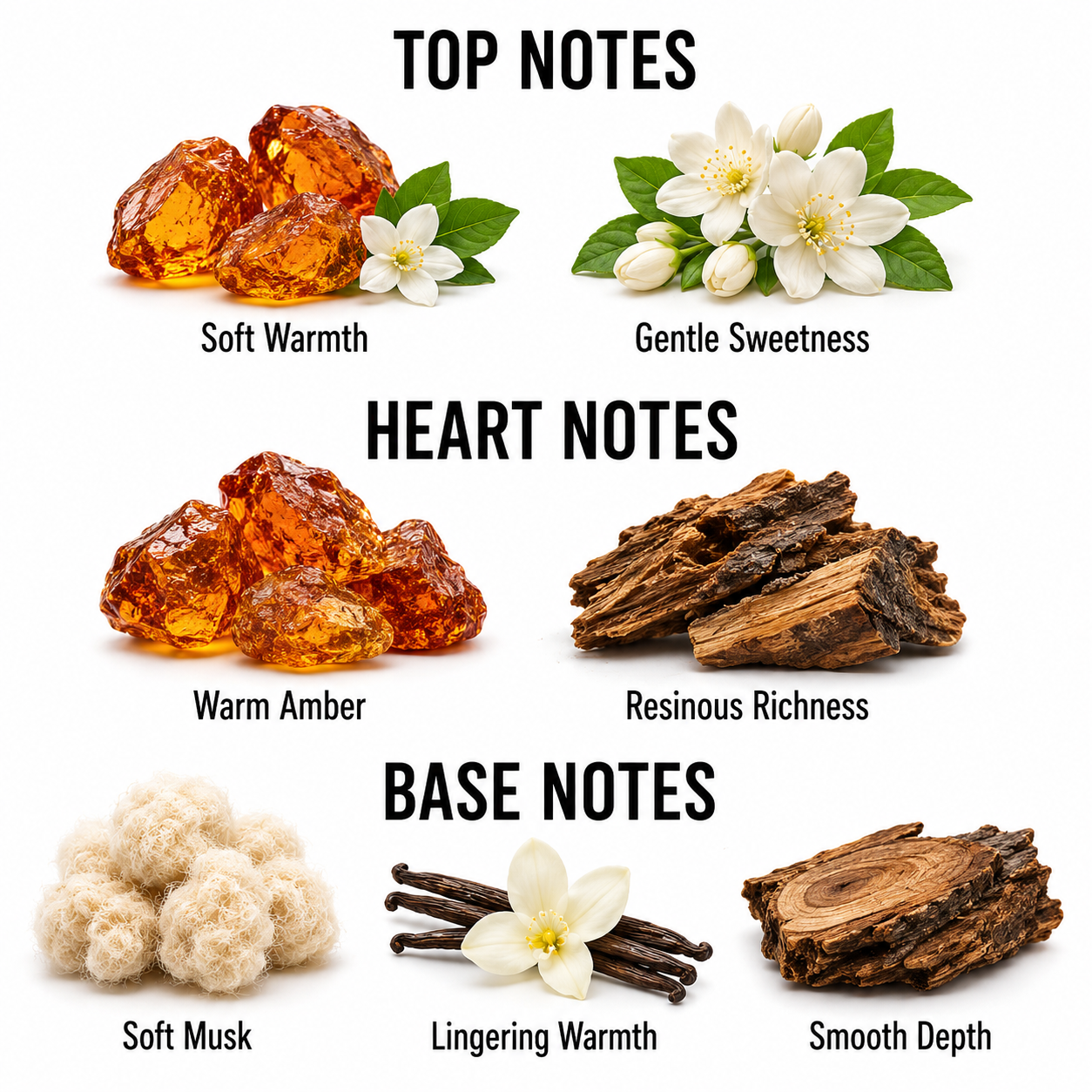 A fragrance notes graphic on a white background showing amber resin, white flowers, and wood pieces labeled for top, heart, and base notes: Soft Warmth, Gentle Sweetness, Warm Amber, Resinous Richness, Soft Musk, Lingering Warmth, and Smooth Depth.