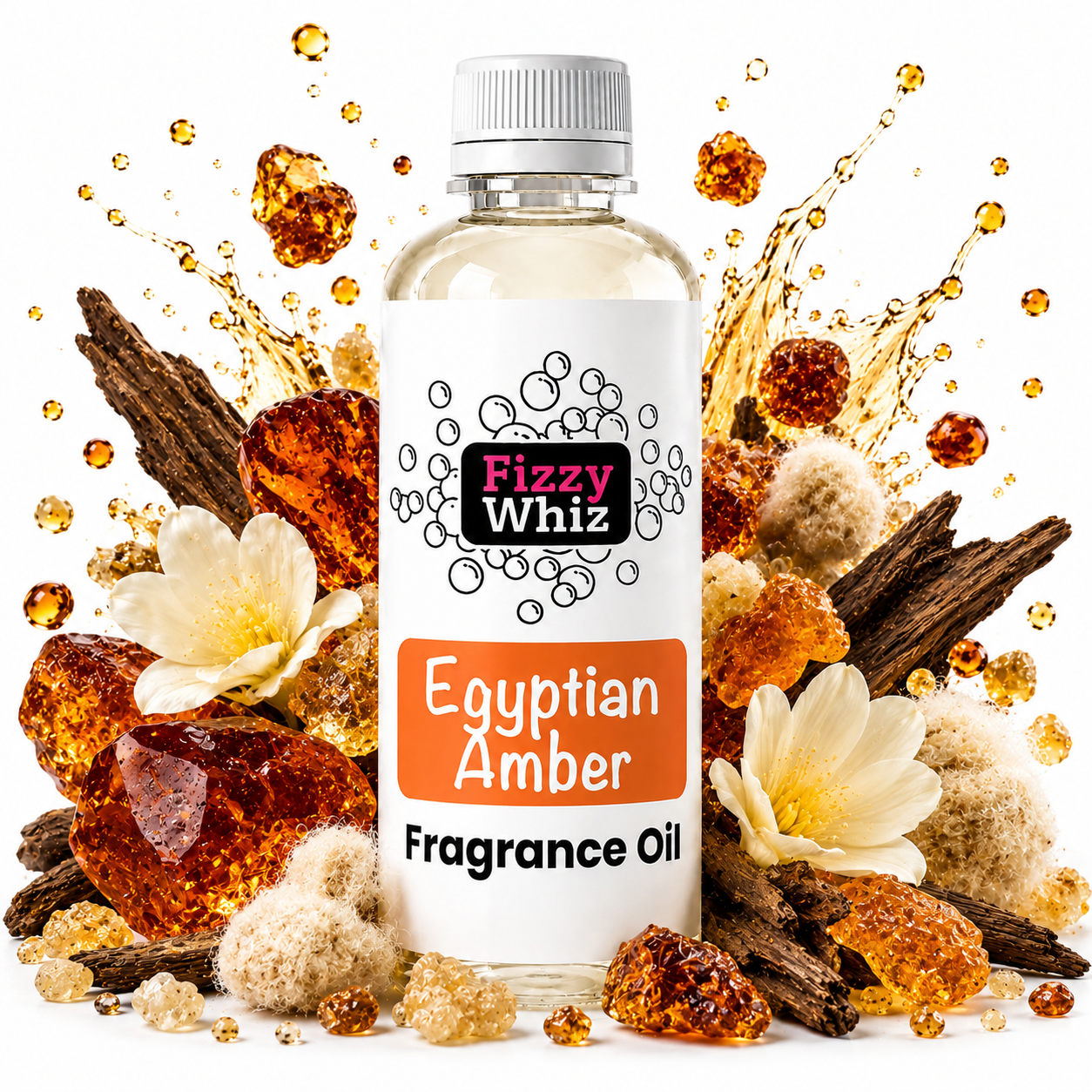 A bottle of Fizzy Whiz Egyptian Amber Fragrance Oil centered against a white background, surrounded by decorative amber crystals, dried wood pieces, and white flowers with stylized liquid splashes.