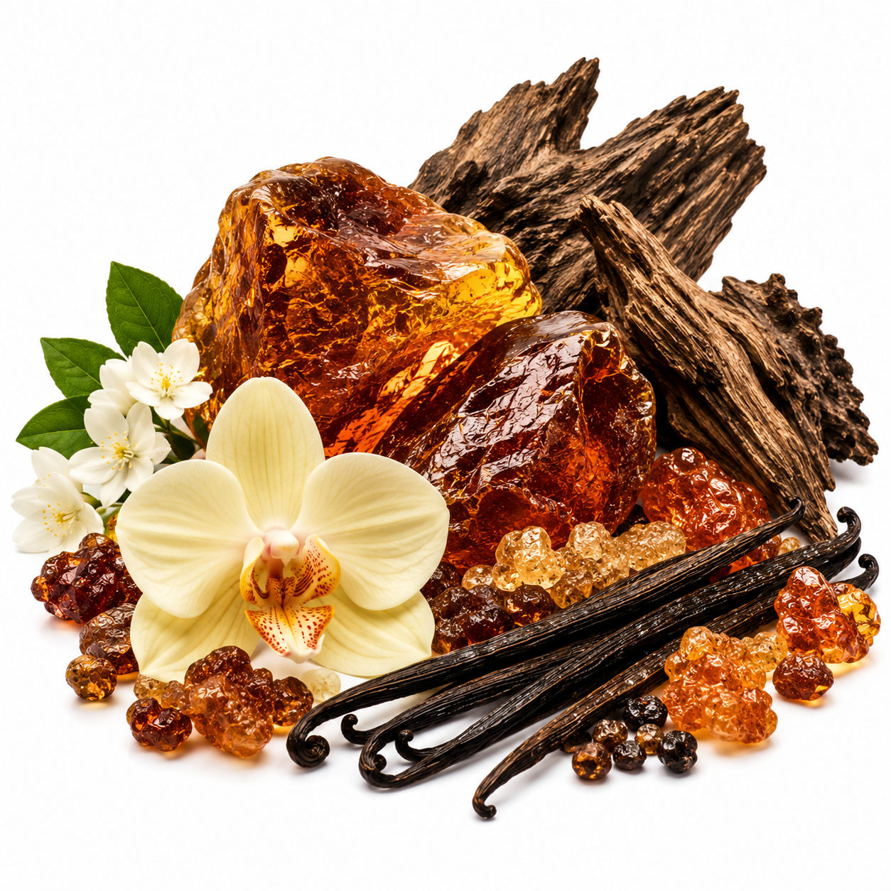 A styled arrangement of natural fragrance ingredients on a white background, including amber-colored resin stones, dark brown wood pieces, vanilla beans, small amber crystals, and a pale yellow orchid flower with green leaves.