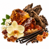 A styled arrangement of natural fragrance ingredients on a white background, including amber-colored resin stones, dark brown wood pieces, vanilla beans, small amber crystals, and a pale yellow orchid flower with green leaves.