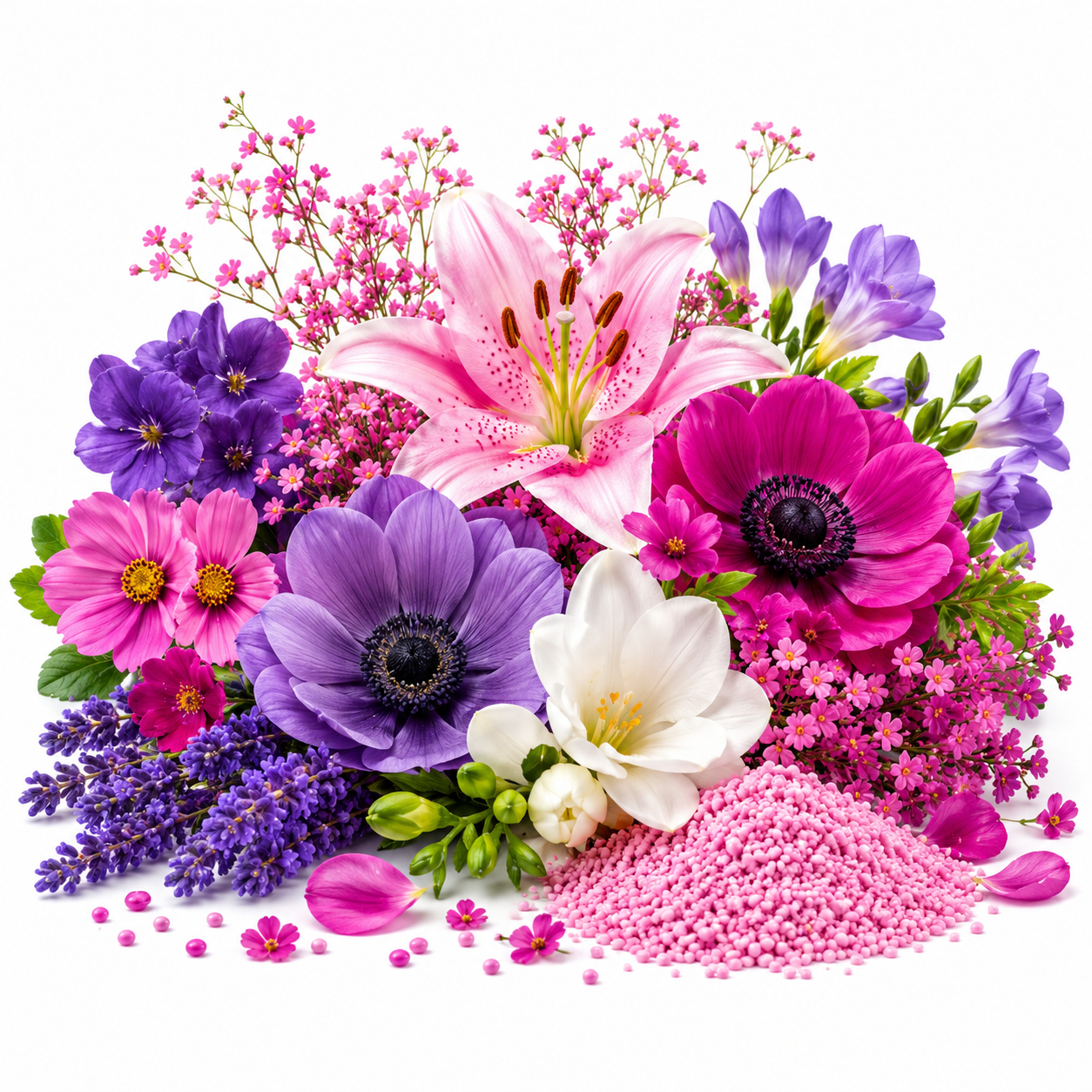 A vibrant floral arrangement featuring pink, purple, and white flowers with green foliage, styled with a small pile of pink granules on a clean white background.