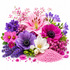 A vibrant floral arrangement featuring pink, purple, and white flowers with green foliage, styled with a small pile of pink granules on a clean white background.