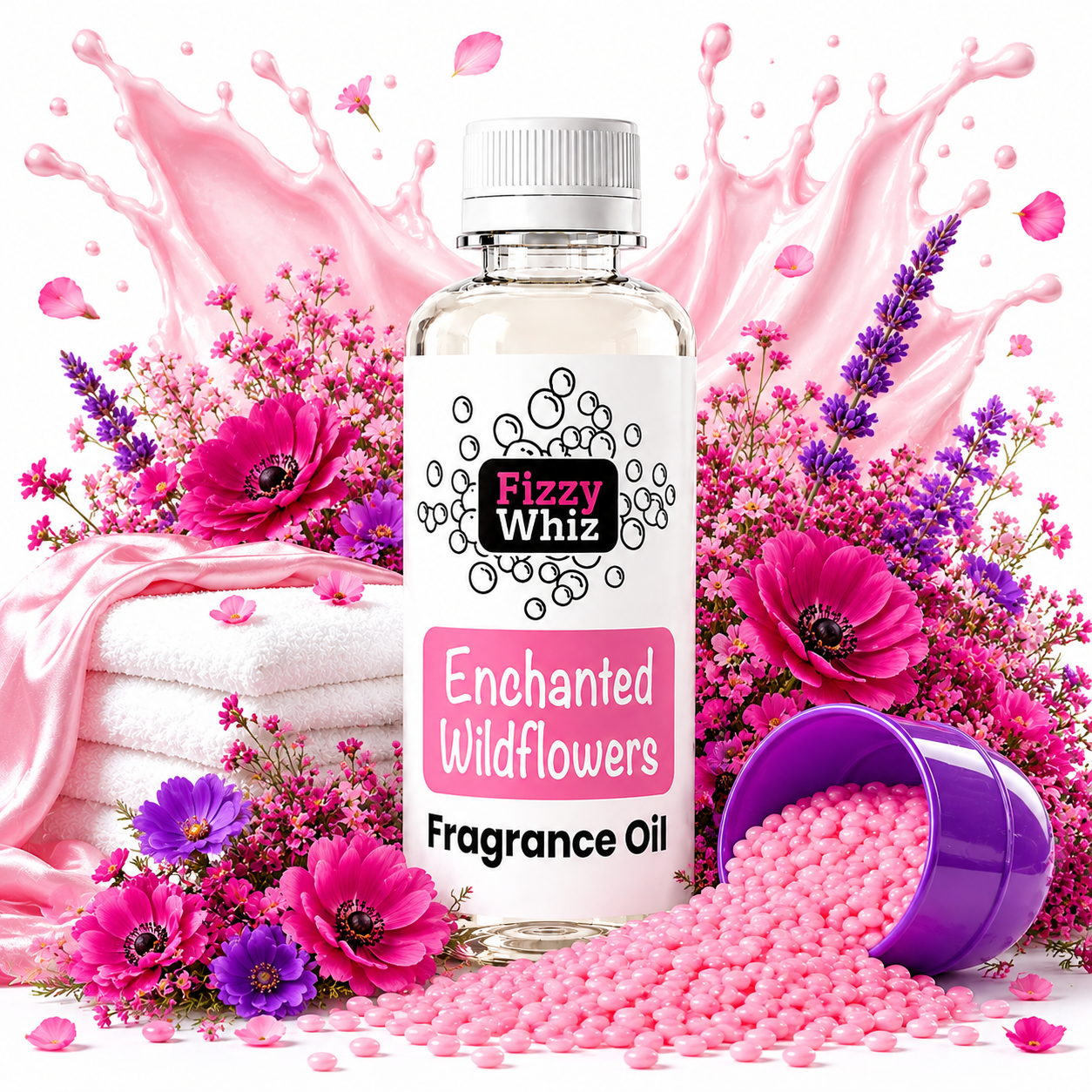 A bottle of Fizzy Whiz Enchanted Wildflowers Fragrance Oil surrounded by pink and purple wildflowers, pink petals, a purple cup spilling pink beads, and folded white towels against a white background with a pink splash graphic.