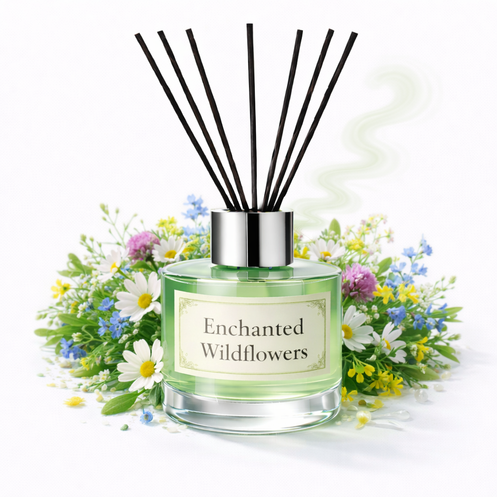 Diffuser with 'Enchanted Wildflowers' label surrounded by flowers on a white background