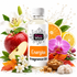 A bottle of Fizzy Whiz Energize fragrance oil centered on a white background, surrounded by fruit and botanical elements including an apple, orange slices, a pink orchid, white flowers, leaves, and small brown sugar cubes. The bottle label reads 'Fizzy Whiz' and 'Energize Fragrance Oil.