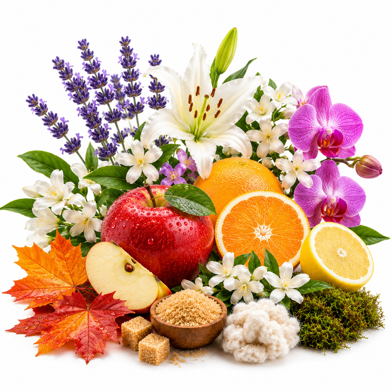 A vibrant botanical and fruit arrangement on a white background, featuring a red apple, sliced orange, lemon, apple pie, brown sugar cubes, white and purple flowers, lavender, orange leaves, and green moss.