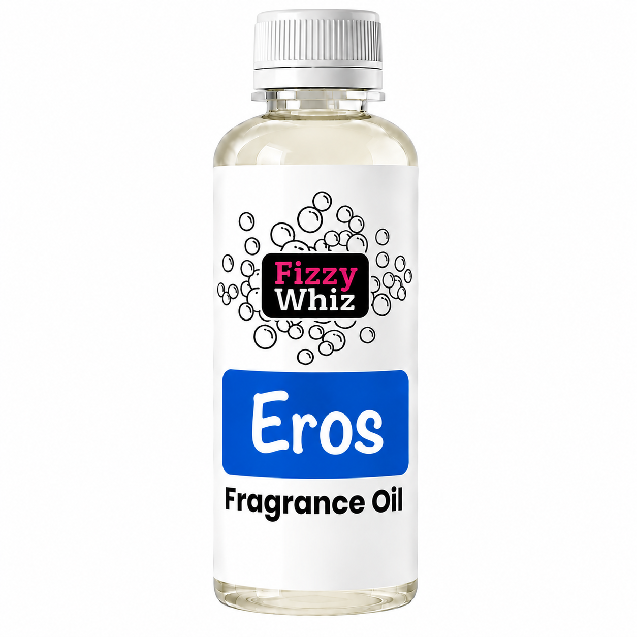 A bottle of Fizzy Whiz Eros Fragrance Oil with a white cap and a white label featuring a blue 'Eros' block and black text, shown on a plain white background.