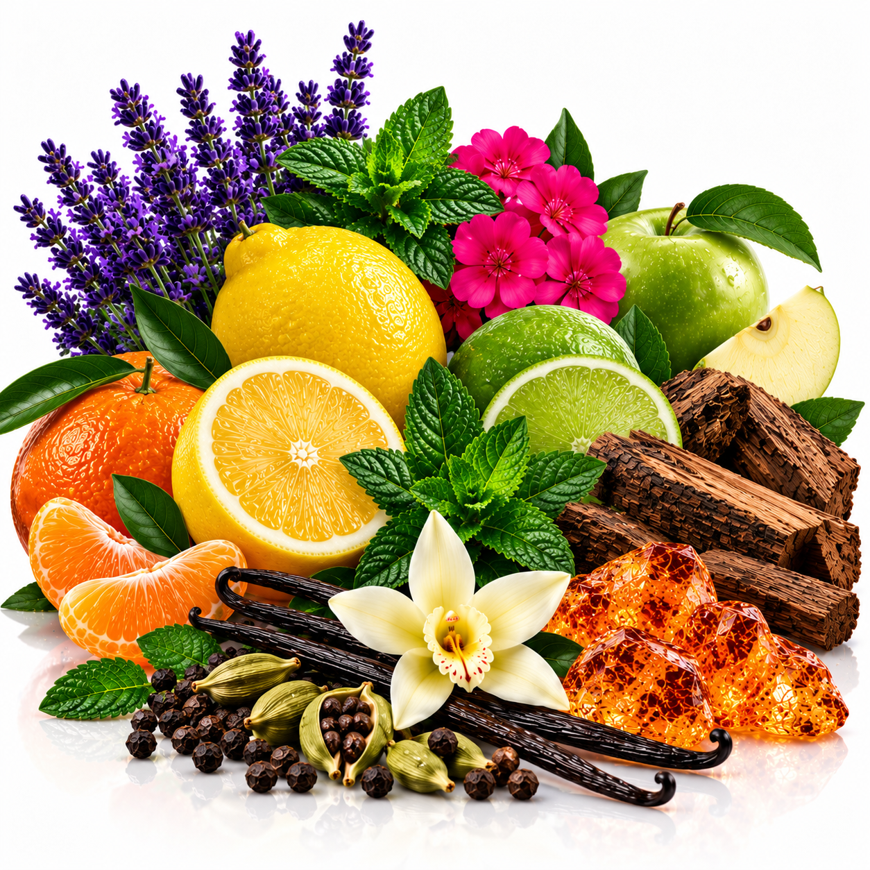 A colorful arrangement of whole and sliced citrus fruits, green apples, purple lavender sprigs, pink flowers, mint leaves, vanilla beans, cardamom pods, whole spices, cinnamon sticks, and amber-colored crystals on a white background.