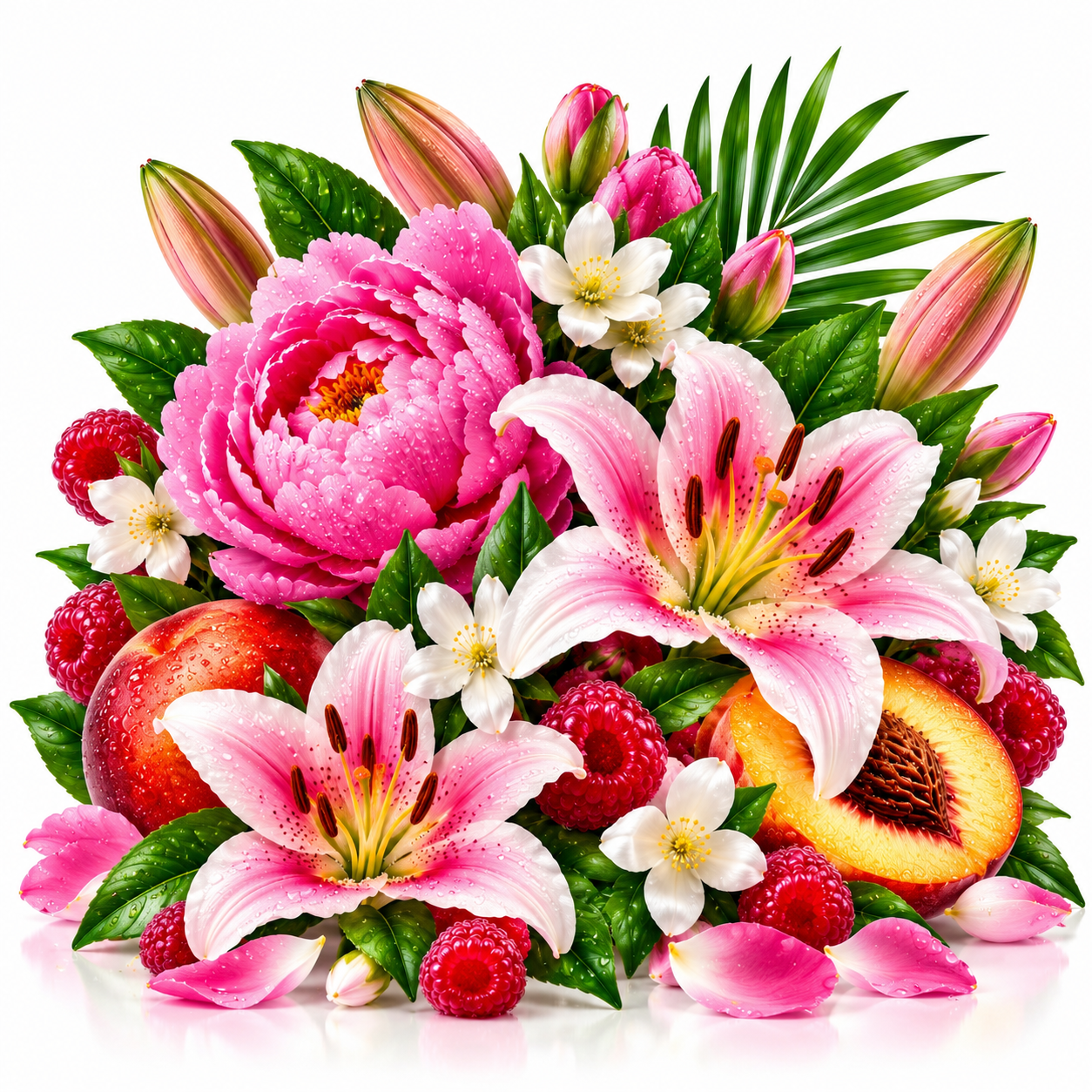 A vibrant floral arrangement featuring pink peonies, pink-and-white lilies, white blossoms, pink berries, raspberries, a peach, and green leaves on a clean white background.