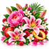 A vibrant floral arrangement featuring pink peonies, pink-and-white lilies, white blossoms, pink berries, raspberries, a peach, and green leaves on a clean white background.