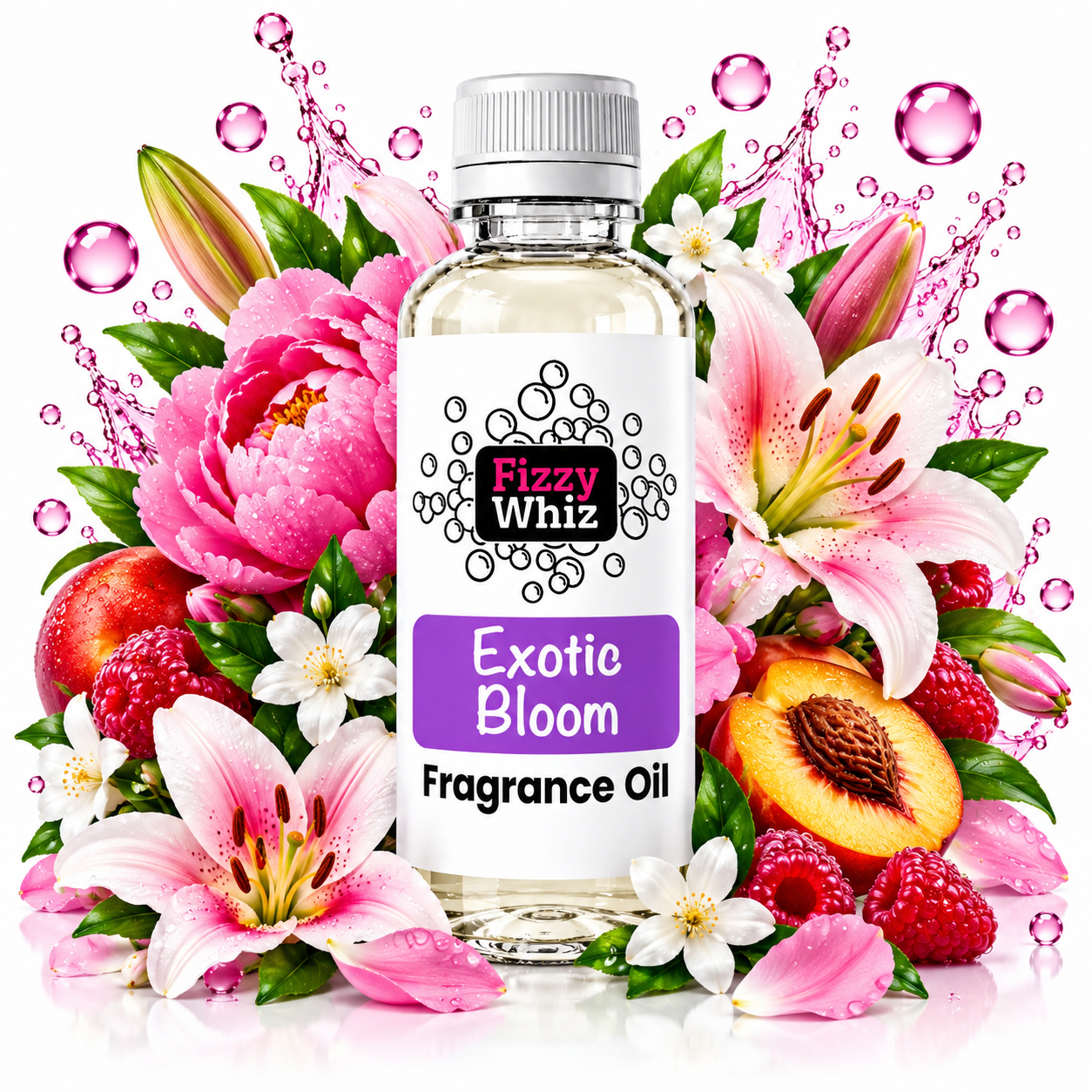 A bottle of Fizzy Whiz Exotic Bloom Fragrance Oil centered on a white background, surrounded by pink flowers, green leaves, strawberries, raspberries, and peach slices with water droplets. The bottle has a white cap and a white label with pink and purple text.