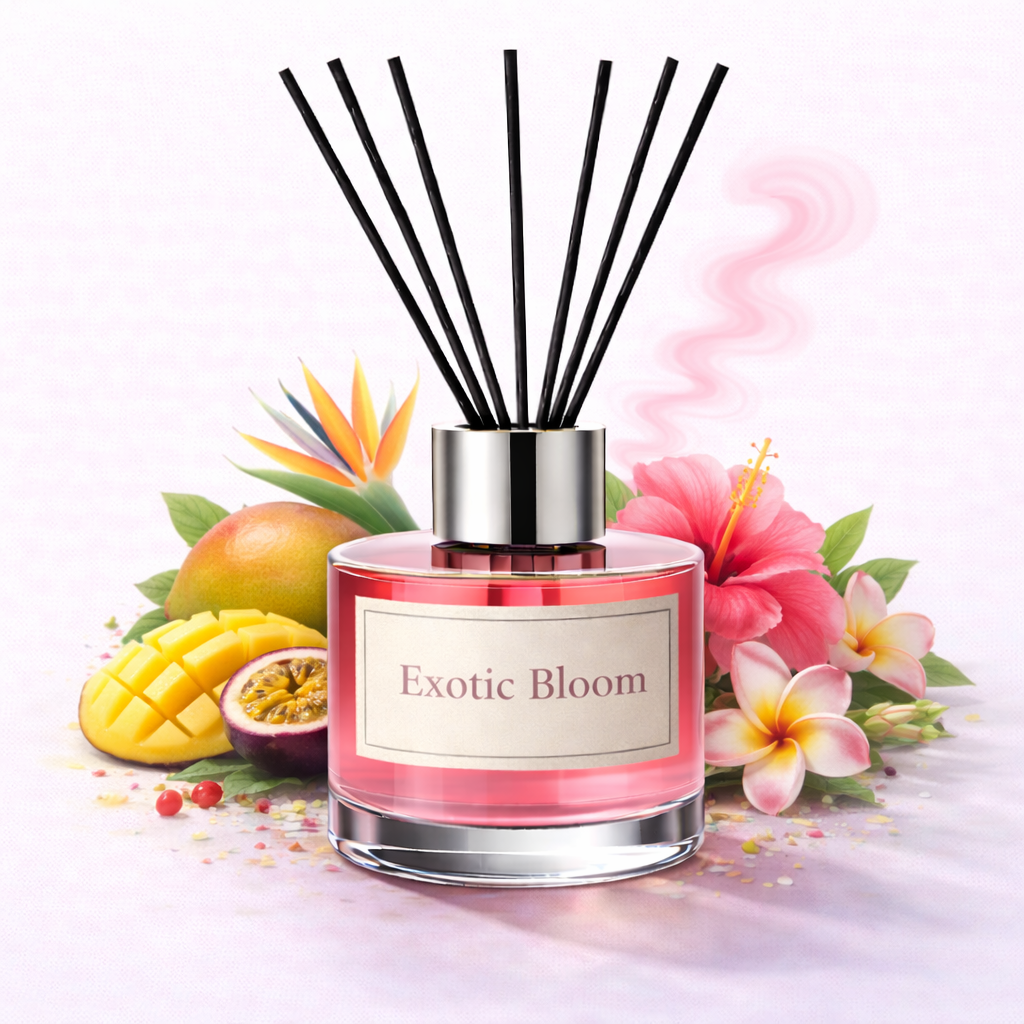 Pink diffuser bottle labeled 'Exotic Bloom' with floral and fruit elements on a light background