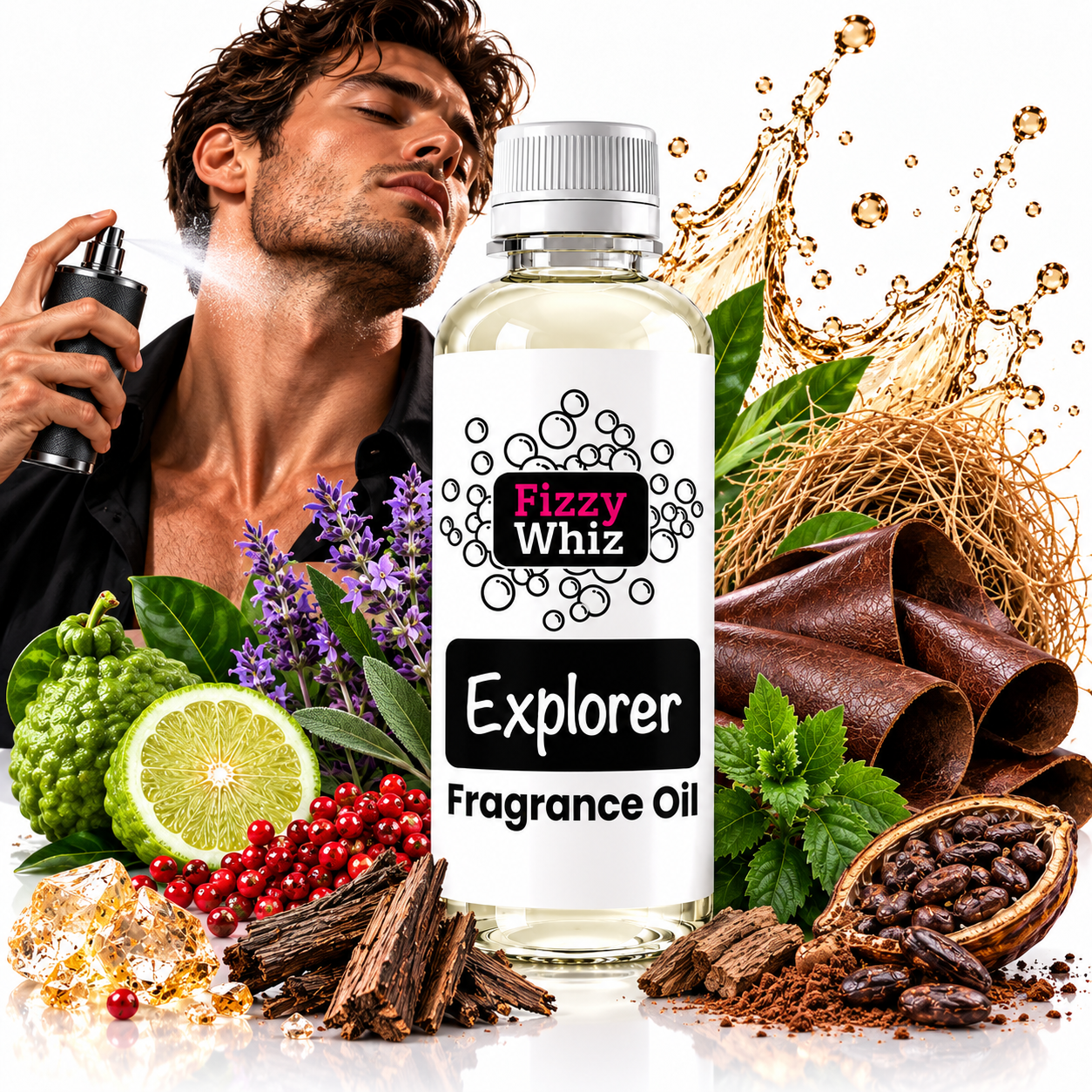 A bottle of Fizzy Whiz Explorer Fragrance Oil is centered in a styled product composition. The bottle has a white cap and a white label with black and pink branding.