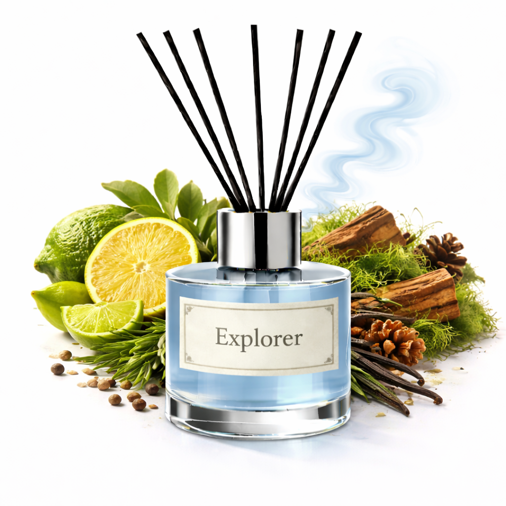 Reed diffuser labeled 'Explorer' surrounded by natural elements like lemons, limes, and cinnamon sticks on a white background.