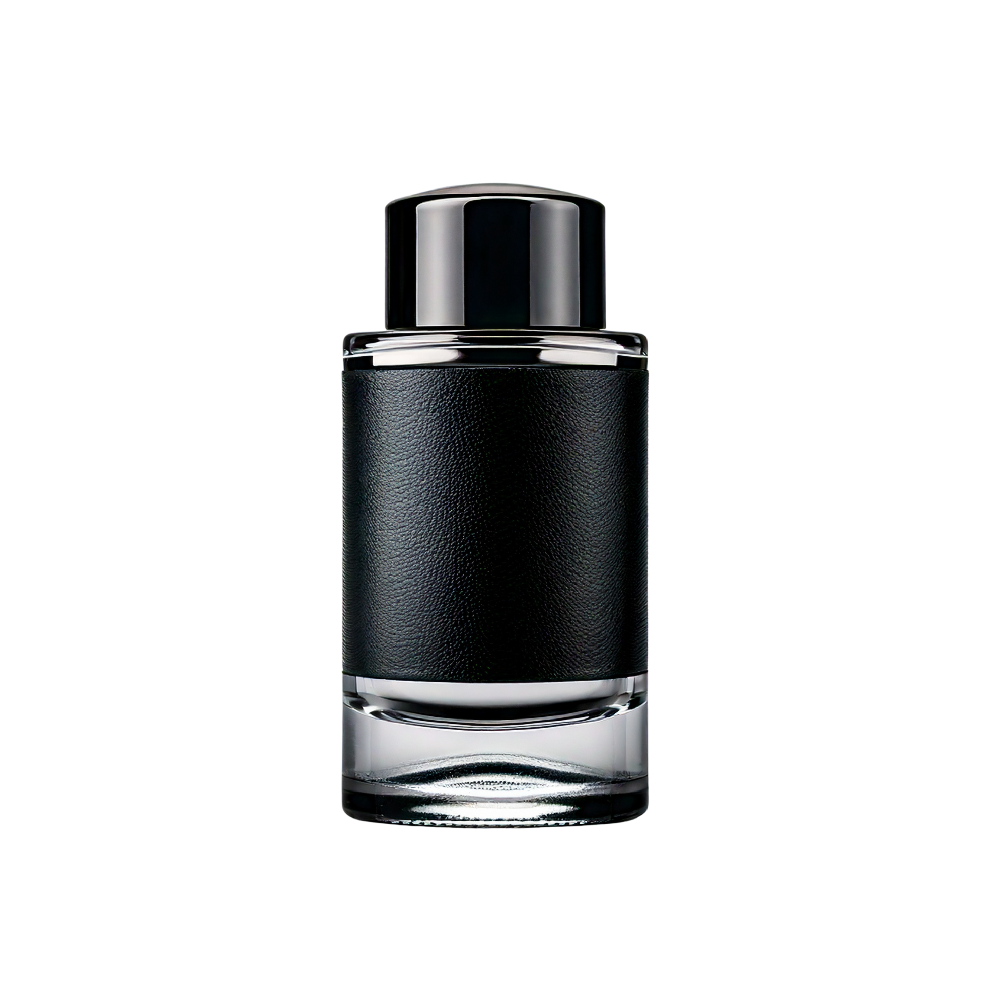 Black cylindrical fragrance bottle with a textured black centre band and clear glass base, shown upright on a light background.