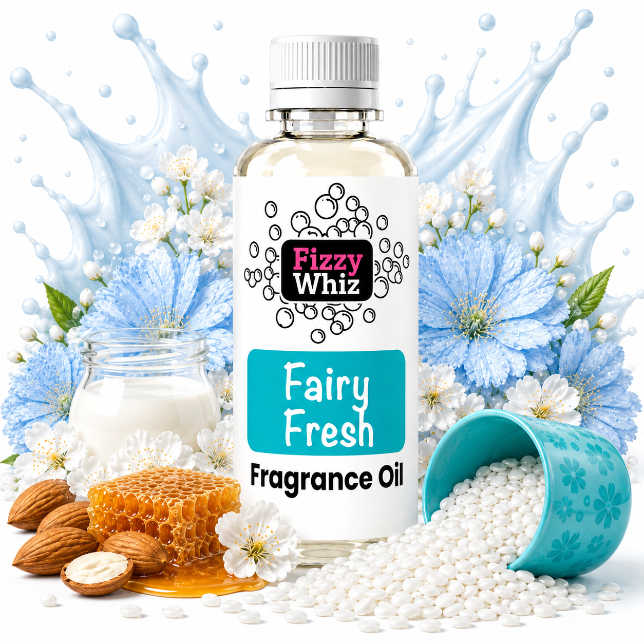 A bottle of Fizzy Whiz 'Fairy Fresh' fragrance oil centered against a white background with decorative blue flowers, a splashing blue liquid effect, almonds, honeycomb, white beads, and a small cup of white beads.