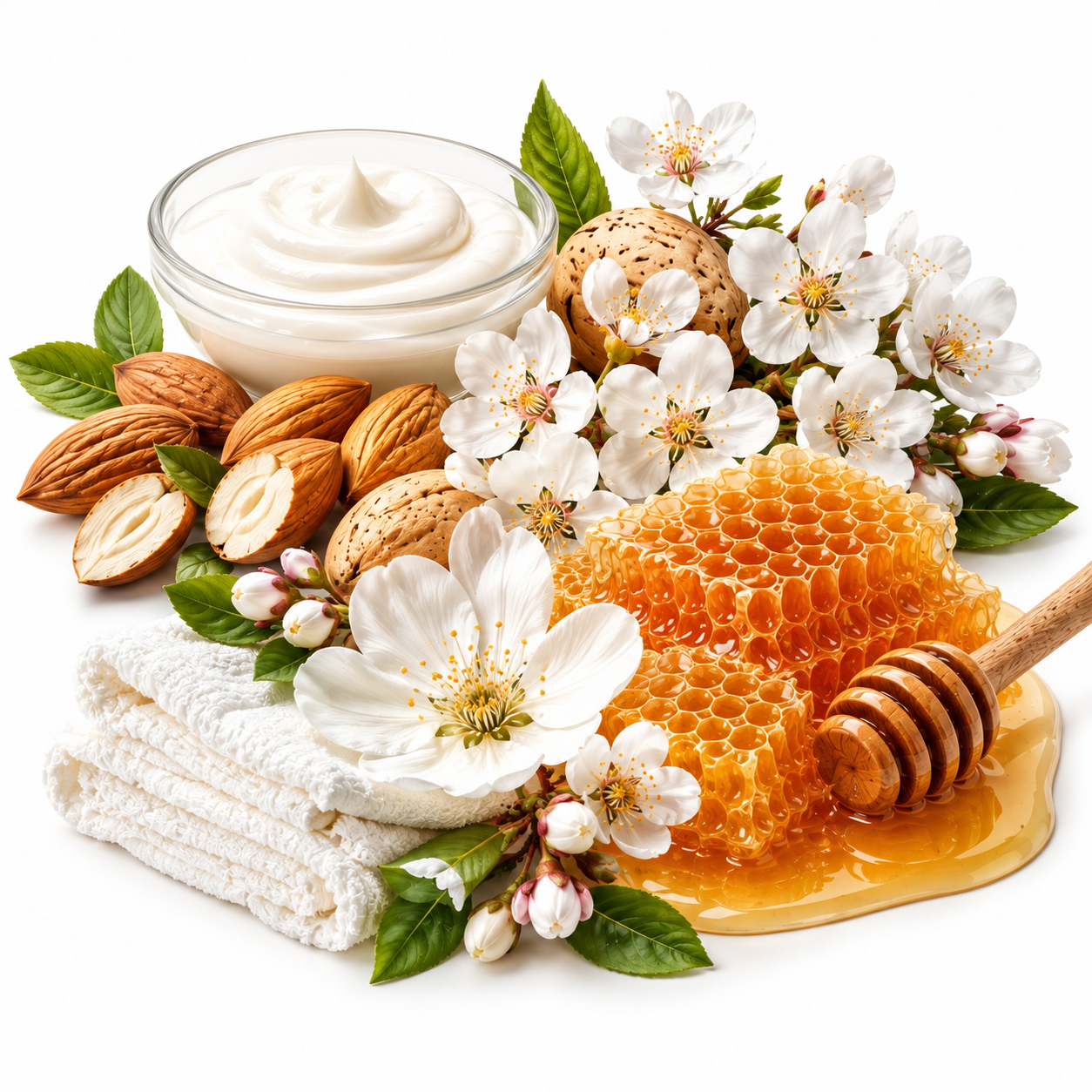 A styled arrangement of skincare ingredients and products on a white background: a glass bowl of thick white cream, honeycomb with golden honey and a wooden dipper, almonds and walnuts, white blossoms, green leaves, and folded white cloth.