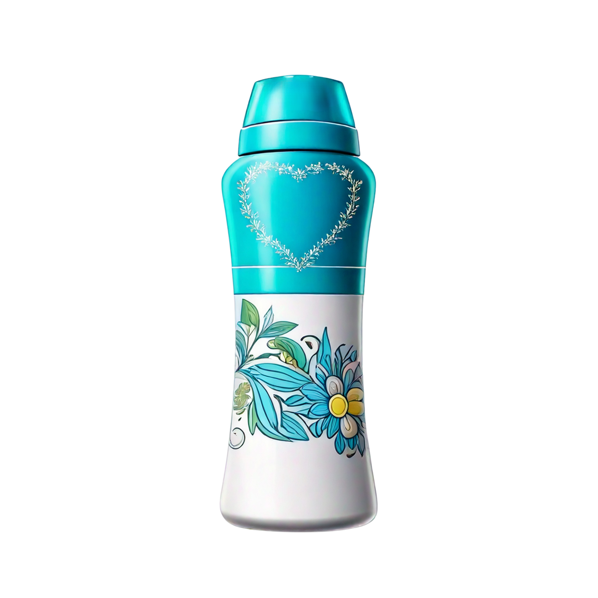 Tall blue and lavender plastic bottle with a teal cap, featuring a delicate heart motif near the top and a floral illustration in blue, white, and yellow tones around the centre, displayed on a plain light background.
