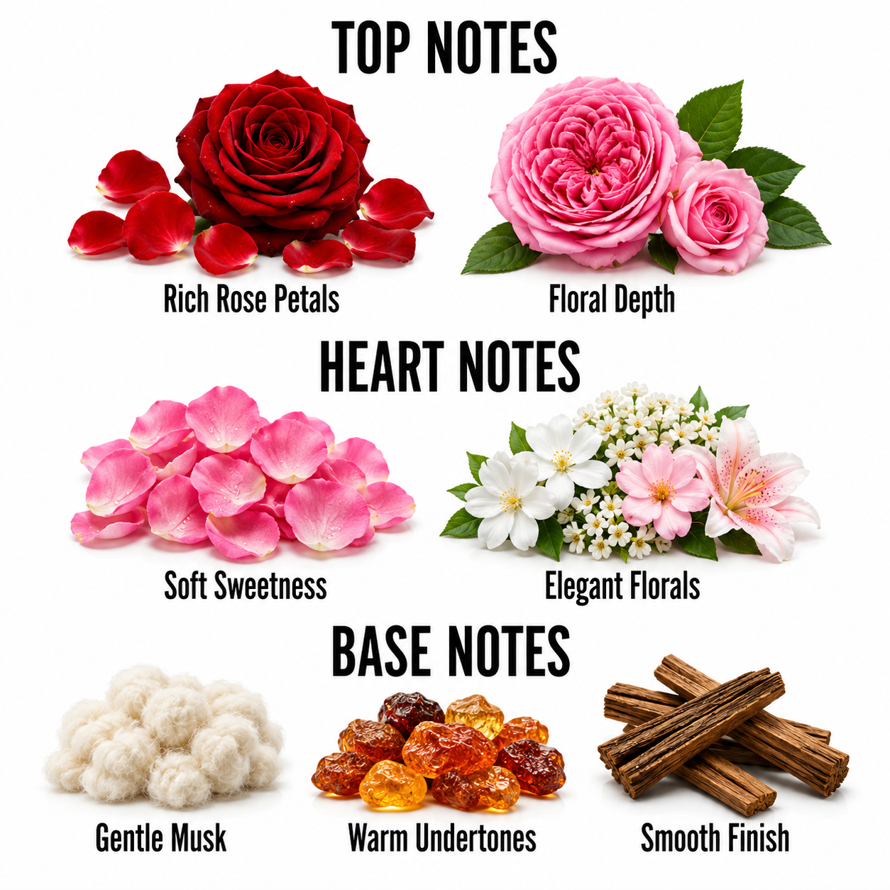 A fragrance notes graphic on a white background with three labeled sections: Top Notes, Heart Notes, and Base Notes. The top notes show a red rose and pink flowers labeled Rich Rose Petals and Floral Depth.