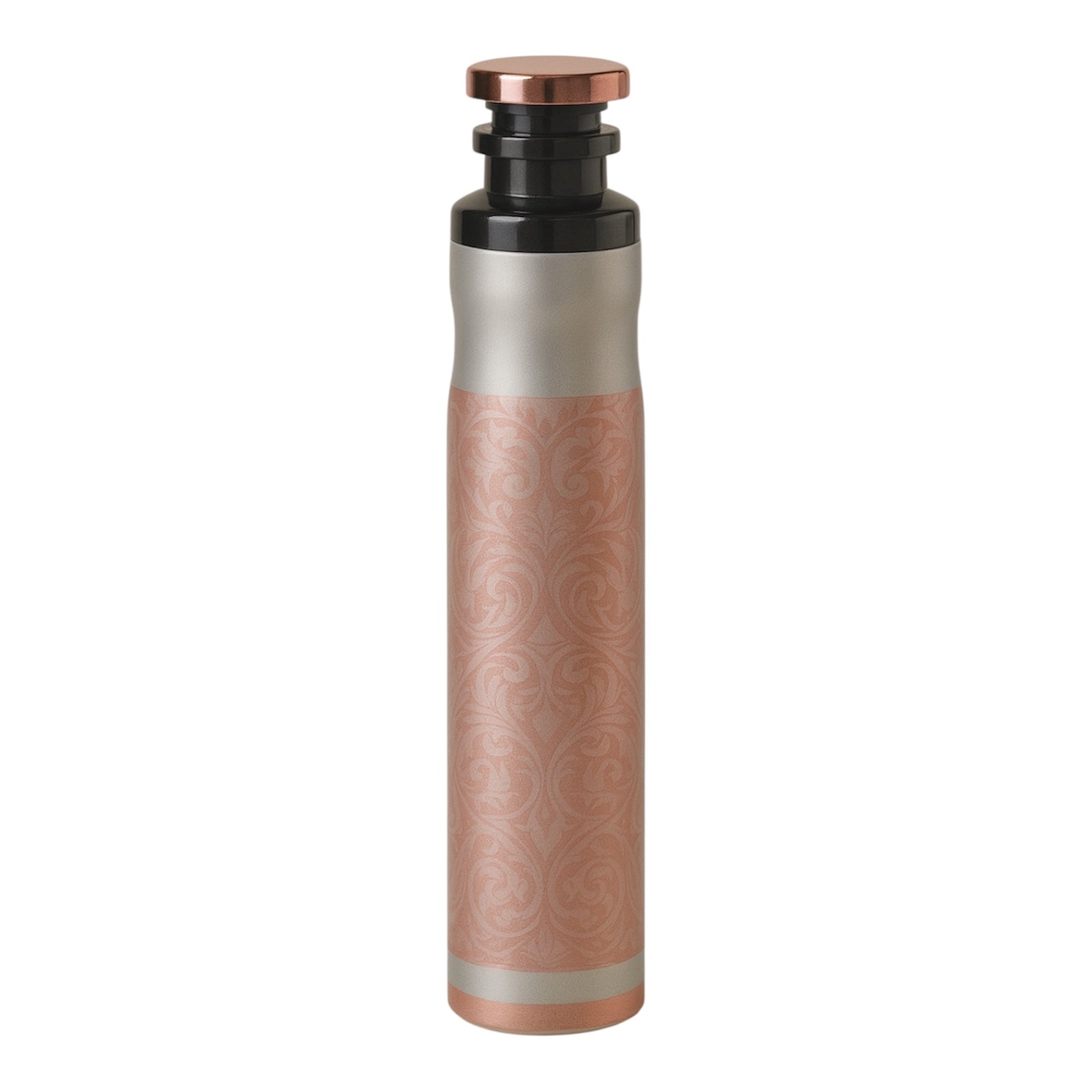 Decorative bottle with a rose gold cap and body on a white background