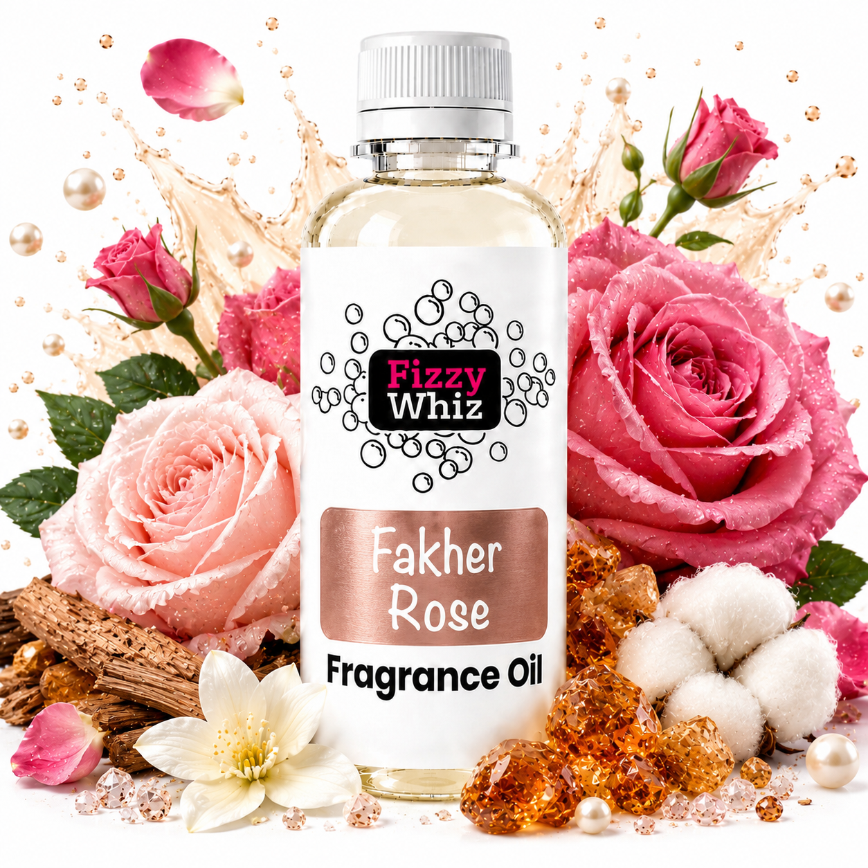 A bottle of Fizzy Whiz Fragrance Oil in the 'Fakher Rose' scent, surrounded by pink roses, cotton bolls, amber resin, and a splash of rose water on a white background.