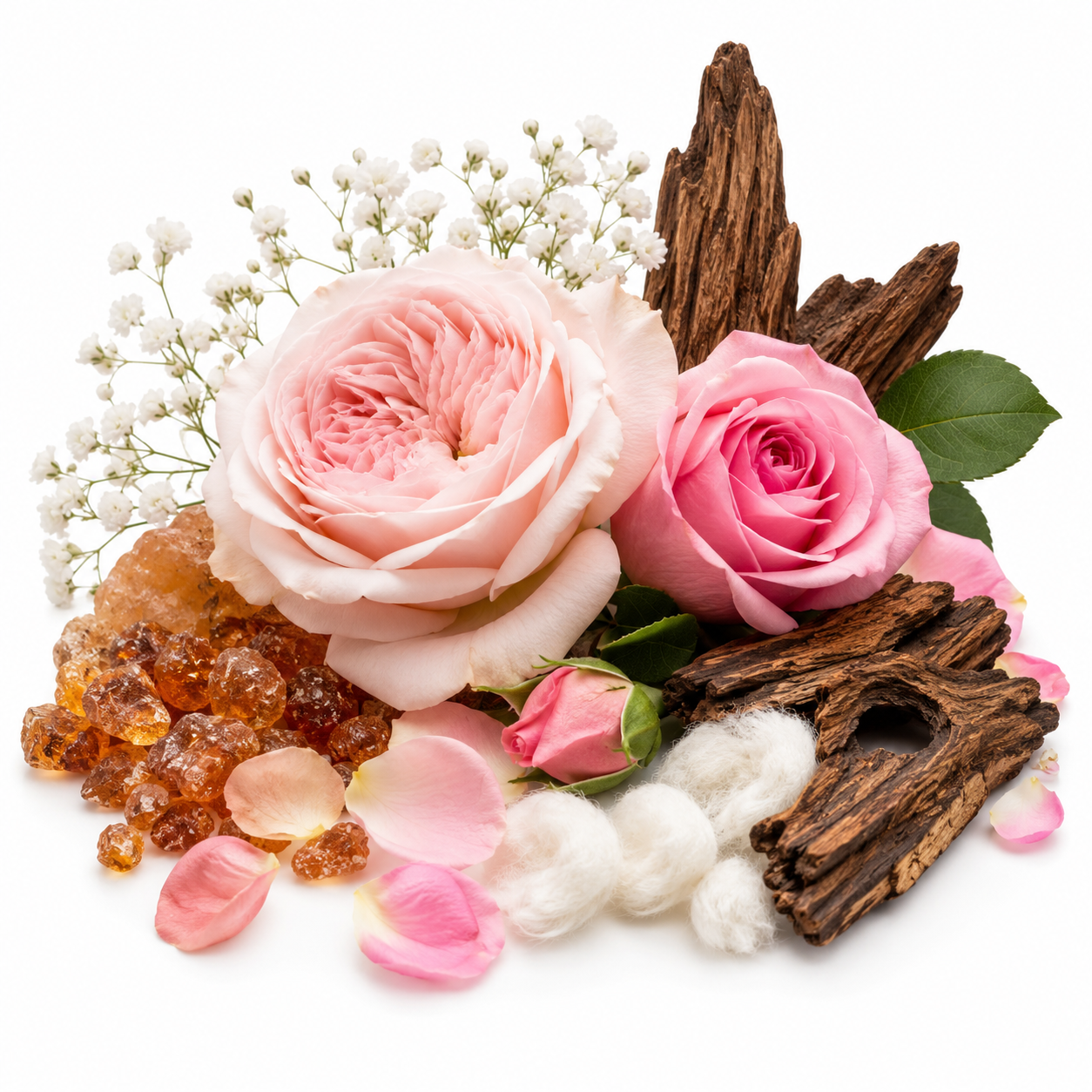 A styled botanical blend featuring two pink roses, pink petals, white baby's breath, amber crystals, cotton fibers, and pieces of dark brown driftwood on a clean white background.