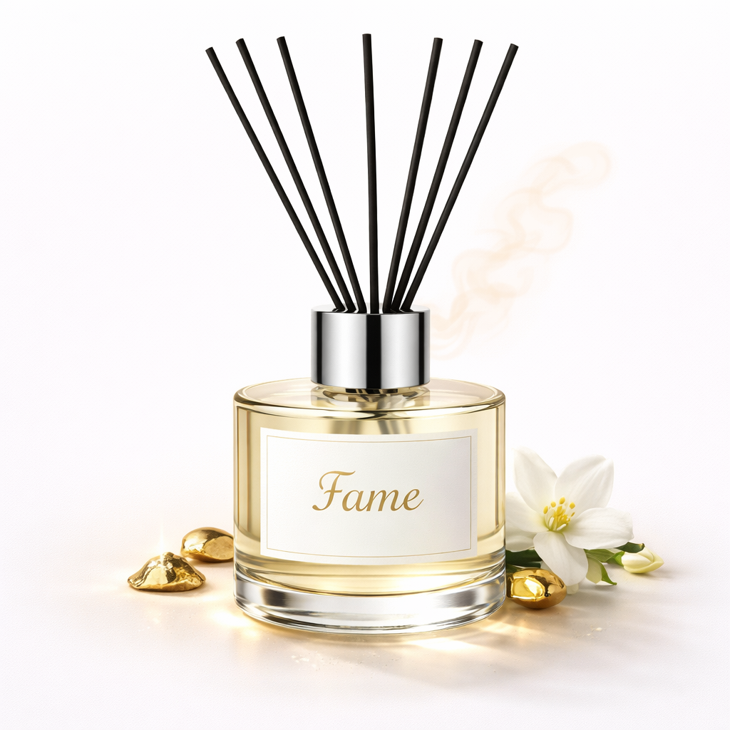 Reed diffuser labeled 'Fame' with black reeds and a white label on a light background.
