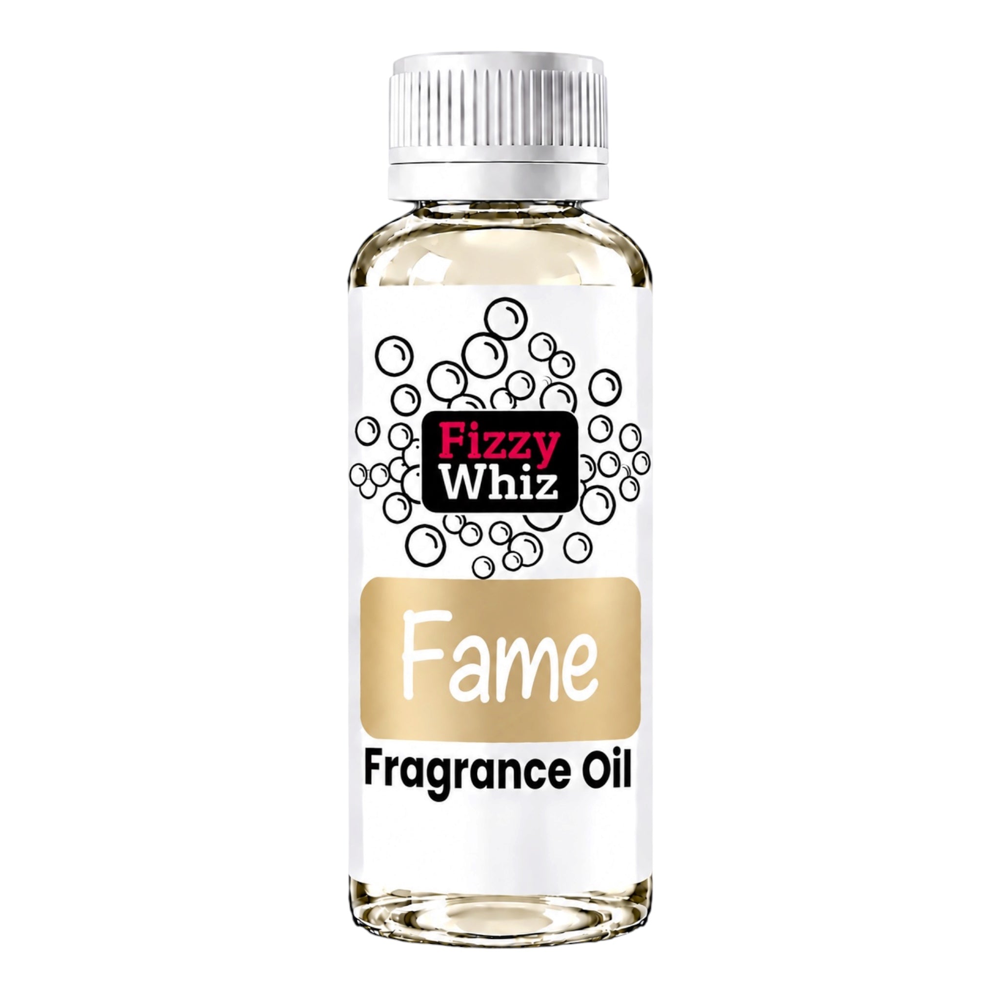 A bottle of Fizzy Whiz 'Fame' Fragrance Oil on a solid white background. The clear glass bottle shows the pale yellow liquid inside, topped with a white ribbed cap and a white label featuring black bubble graphics, a black 'Fizzy Whiz' logo with pink text, and a gold-colored 'Fame' banner.