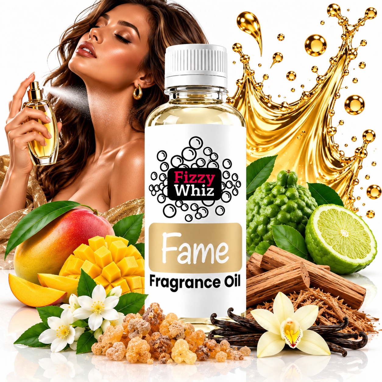 A bottle of Fizzy Whiz 'Fame' fragrance oil is centered in a promotional composition with a woman holding a perfume spray in the background, surrounded by fragrance ingredients including mango, lime, cinnamon, vanilla, and amber crystals on a white background with gold splash graphics.
