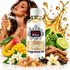 A bottle of Fizzy Whiz 'Fame' fragrance oil is centered in a promotional composition with a woman holding a perfume spray in the background, surrounded by fragrance ingredients including mango, lime, cinnamon, vanilla, and amber crystals on a white background with gold splash graphics.