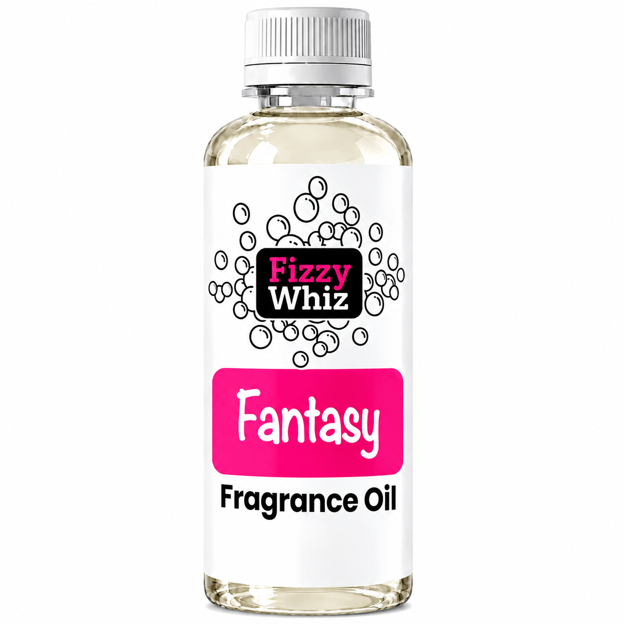 A bottle of Fizzy Whiz 'Fantasy' Fragrance Oil on a solid white background. The bottle is clear glass showing the pale yellow liquid inside, topped with a white ribbed cap and a white label featuring a black and pink logo and text.