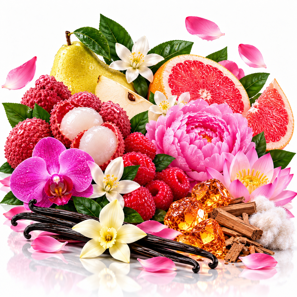 A vibrant, stylized arrangement of fragrance ingredients on a white reflective background, including pink lychee blossoms, red lychees, pink raspberries, a sliced pink grapefruit, a yellow pear, white orchids, vanilla beans, amber resin cubes, cinnamon sticks, and pink flower petals.