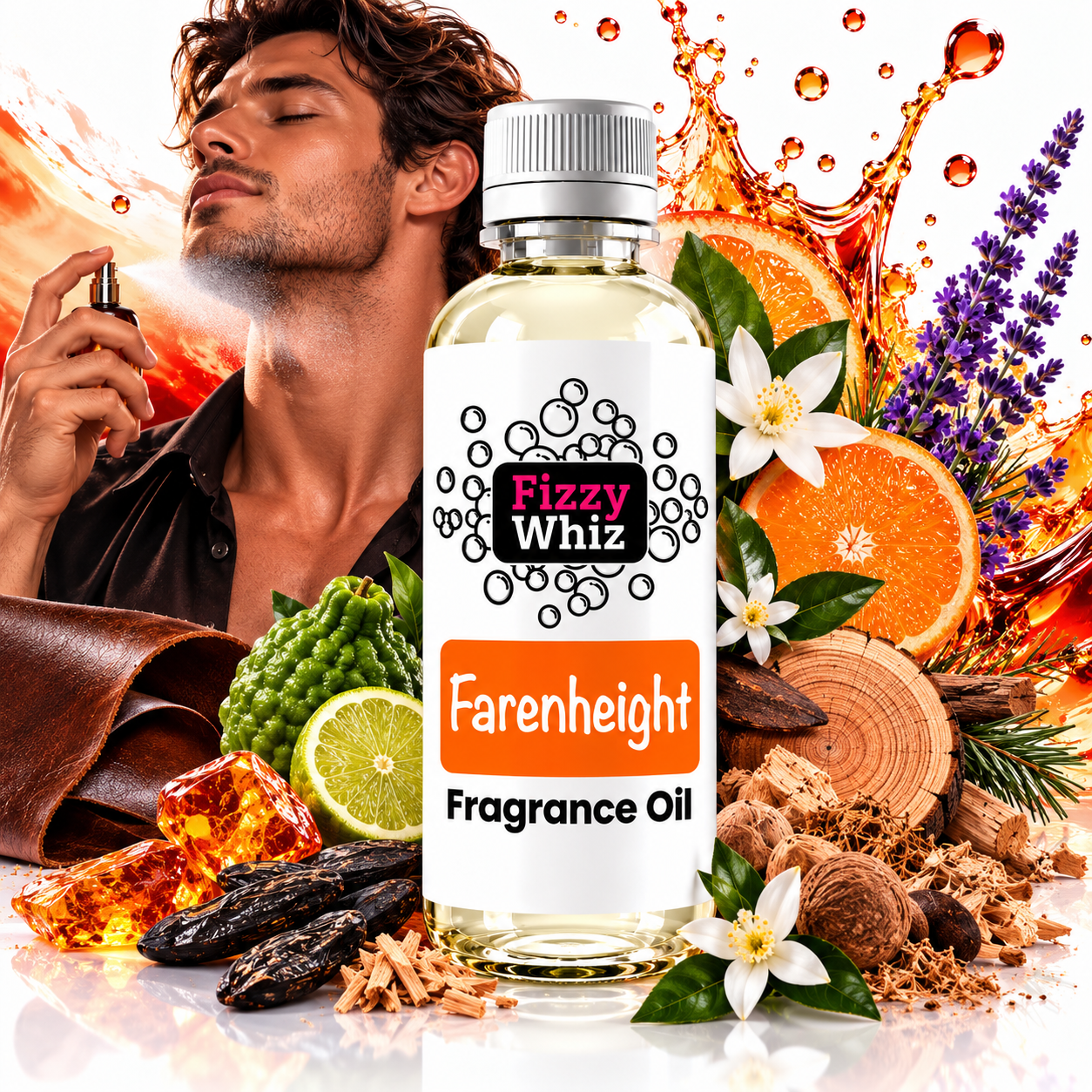 A bottle of Fizzy Whiz Farenheight Fragrance Oil centered in a styled composition with a man spraying fragrance oil in the background, surrounded by citrus slices, lavender, wood pieces, and amber crystals on a white background.