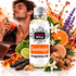 A bottle of Fizzy Whiz Farenheight Fragrance Oil centered in a styled composition with a man spraying fragrance oil in the background, surrounded by citrus slices, lavender, wood pieces, and amber crystals on a white background.