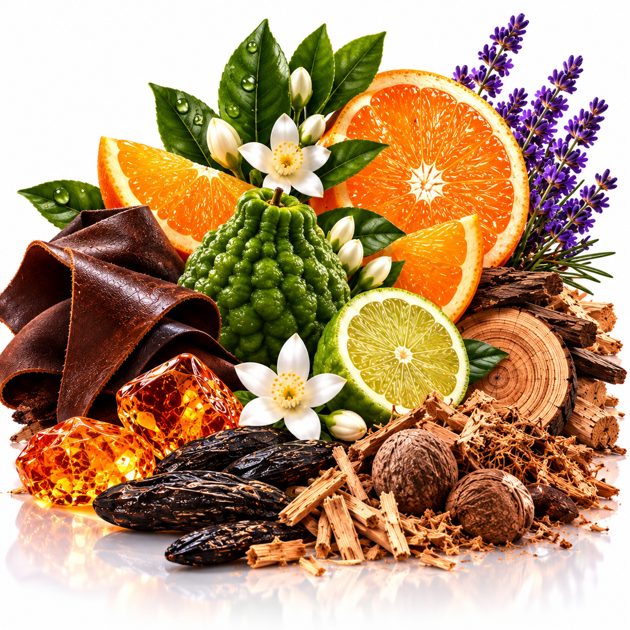 A styled botanical ingredient arrangement on a white background, including orange slices, a green bumpy fruit, purple lavender, white flowers, amber and resin pieces, bark, wood chips, and dark dried pods.