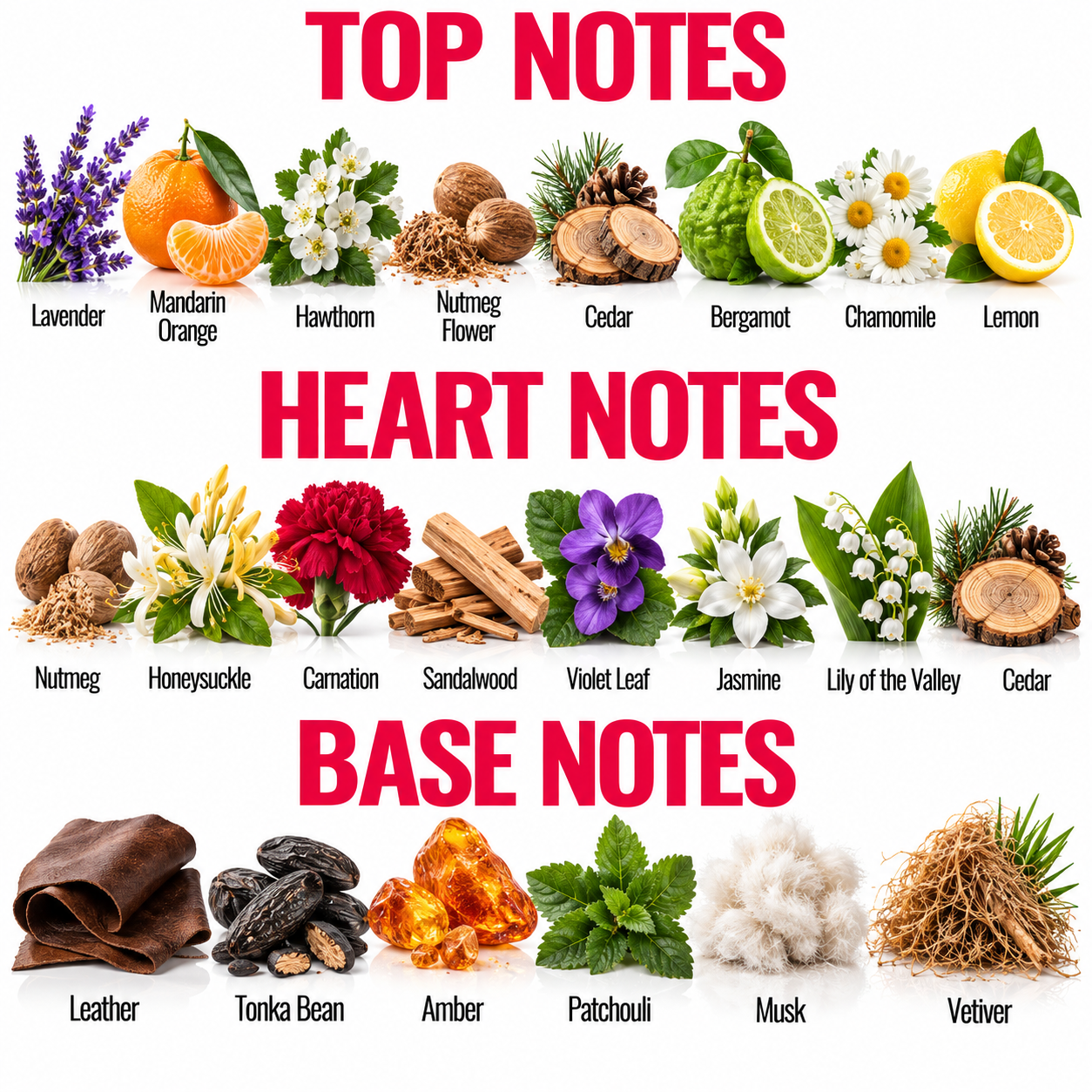 A botanical reference chart titled 'TOP NOTES', 'HEART NOTES', and 'BASE NOTES' showing illustrated and photographed herbs, flowers, citrus, wood, and leather samples with labeled names such as lavender, mandarin orange, hawthorn, nutmeg, cedar, bergamot, chamomile, lemon, nutmeg, hivesuckle, carnation, sandalwood, violet leaf, jasmine, lily of the valley, cedar, leather, tonka bean, amber, patchouli, musk, and vetiver.