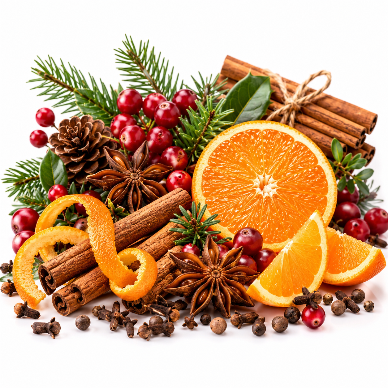Father Christmas fragrance image featuring fresh orange slices and peel, cinnamon sticks, star anise, cloves, festive red berries, pine cones and evergreen foliage on a clean white background.