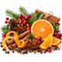 Father Christmas fragrance image featuring fresh orange slices and peel, cinnamon sticks, star anise, cloves, festive red berries, pine cones and evergreen foliage on a clean white background.