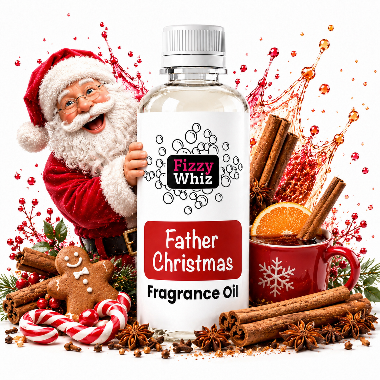 A bottle of Fizzy Whiz 'Father Christmas' fragrance oil is centered against a white background, surrounded by festive props including a Santa Claus figure, cinnamon sticks, an orange slice, a red mug with a snowflake, candy canes, star anise, and a gingerbread man. A holiday splash effect appears behind the bottle.