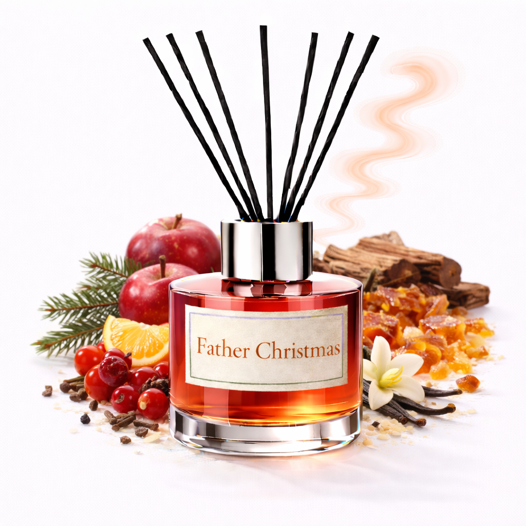 Reed diffuser labeled 'Father Christmas' surrounded by festive elements on a white background
