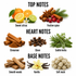 A fragrance notes graphic on a white background showing top, heart, and base notes with ingredient photos and labels: sweet citrus, festive spice, cinnamon, cloves, subtle herbs, smooth woods, vanilla, and soft musk.